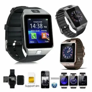 Dz09 Bluetooth Smartwatch in black with touchscreen display, fitness tracking features, SIM and SD card slots."