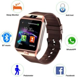 Dz09 Bluetooth Smartwatch in black with touchscreen display, fitness tracking features, SIM and SD card slots."